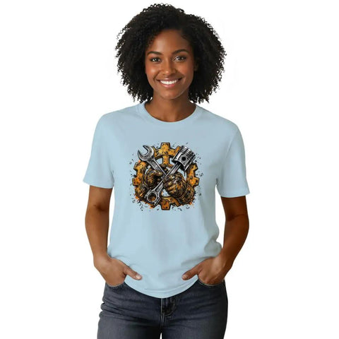 Rugged Garage Project T-Shirt With Vintage Piston Wrench And Gear Badge Design For Hardcore DIY Builds, Engine Repair Work, And Weekend Shop Creations Featuring Distressed Vector Graphics On Mens Heavyweight Cotton, light blue color.