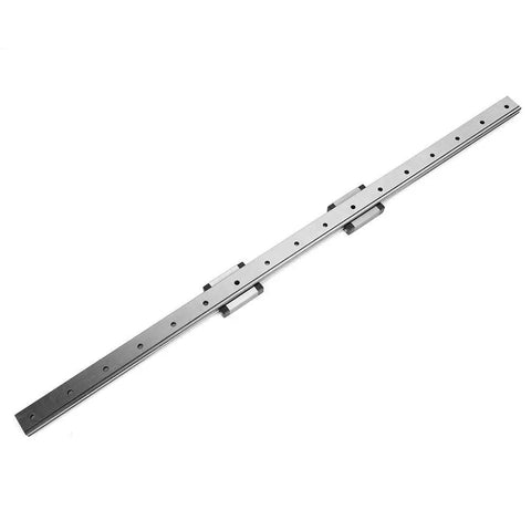 LMLF18B - 500-2R Miniature Linear Guide Rail with 2 Sliding Blocks, shown in full view with visible sliding blocks, 500mm x 18mm