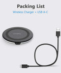Fast Qi Wireless Charger Pad With 10W Max And 7.5W Modes For iPhone 17 Pro Max Air 16 15 14 13 12 11 And Samsung Galaxy S23 S24 S25 Plus AirPods Pro 3 Charger Pad No AC Adapter shown with USB A-C cable.