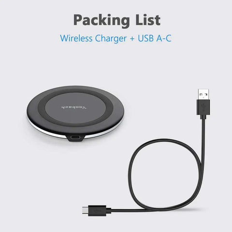 Fast Qi Wireless Charger Pad With 10W Max And 7.5W Modes For iPhone 17 Pro Max Air 16 15 14 13 12 11 And Samsung Galaxy S23 S24 S25 Plus AirPods Pro 3 Charger Pad No AC Adapter shown with USB A-C cable.