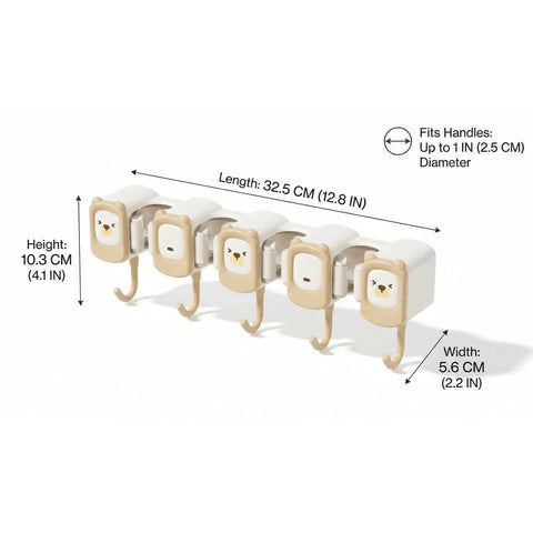 Broom Holder Wall Mount Self Adhesive Mop And Broom Organizer With 4 Grippers And 5 Hooks, 12.8 inch length, brown and yellow