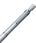 Close-up of Kuru Toga Roulette Auto Lead Rotation 0.5mm Mechanical Pencil silver body showing clip and eraser end