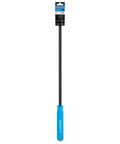 Beefy 25 Inch Pry Bar With Curved Half Inch Head 18 Inch Shank Molded Textured Grip Made In USA Crowbar For Demolition Lifting And Prying Maximum Leverage For Big Jobs displayed vertically with blue grip and attached label