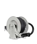 One Inch Heavy Duty Automatic Hose Reel Built Tough As Nails For Grip And Go Water Retrieval Plus Hassle Free Rolling Back side view with hose coiled.