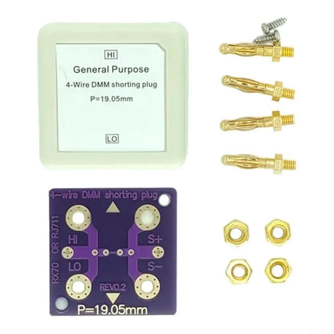 4 Wire Short Socket For DMM Calibration, gold plated banana connectors, PCB assembly components, shown with screws and nuts