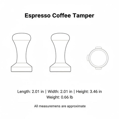Top Shelf Espresso Coffee Tamper With Polished Stainless Steel Base And Sturdy Wooden Grip dimensions and design outline.