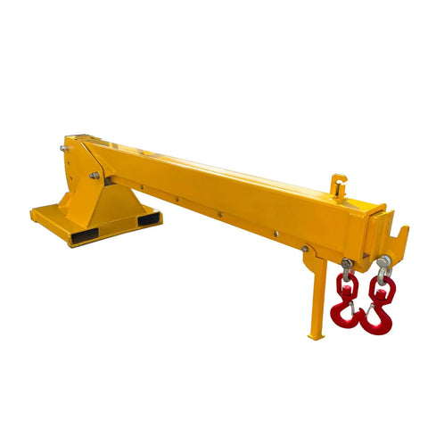 Heavy Duty Forklift Jib Boom Crane Attachment 4400 Lbs Capacity with dual swivel hooks and adjustable tilt.