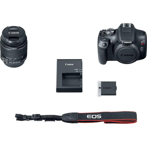 Rebel T7 DSLR Starter Kit With 24.1MP APS-C Sensor And Built-In Wi-Fi NFC 18-55mm Lens 64GB Card Shoulder Bag Battery And Charger Eyecup Body Cap Ideal Beginner Photography Setup contents including camera, lens, battery, charger, strap.