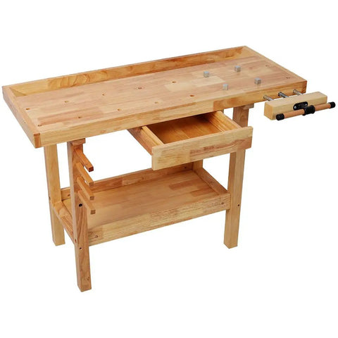 48 Inch Heavy Duty Workbench With 330 Pound Capacity Solid Rubber Wood Construction Drawer Storage And Shelves Adjustable Handle For Woodworking DIY Projects Garage And Shop Use