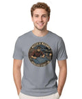 Awesome Soft Cotton Tee For Mechanical Engineers Featuring Vintage Blueprint And Engine Part Designs worn by a smiling man.