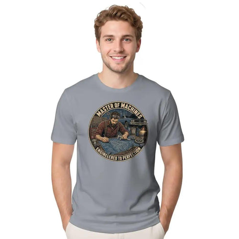 Awesome Soft Cotton Tee For Mechanical Engineers Featuring Vintage Blueprint And Engine Part Designs worn by a smiling man.