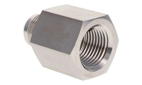 Heavy Duty 1 Inch 37 Degree JIC Male To Female NPT Pipe Adapter Connector Built Dang Tough With SS316 Stainless Steel close-up view.