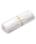 Polyolefin Shrink Wrap Bags 10 X 7 Inch Clear Heat Seal Film 100 Pack rolled and secured with yellow band.