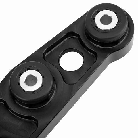 Close-up of black Rear Lower Control Arms Subframe Brace Kit For 1992-1995 Integra And 1994-2001 Models, CNC machined aluminum tubing.