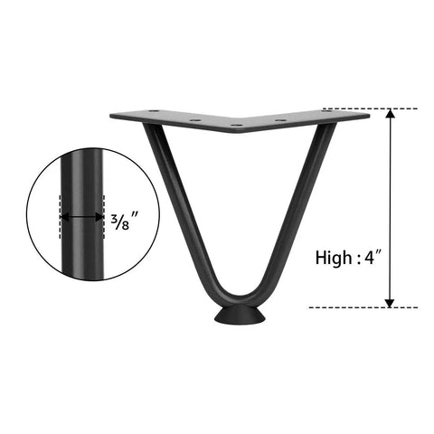Heavy Duty 4 Inch Hairpin Furniture Legs Set 4 Pack Black Three Eighth Inch Steel With Rubber Floor Protectors, 3/8'' cross-section