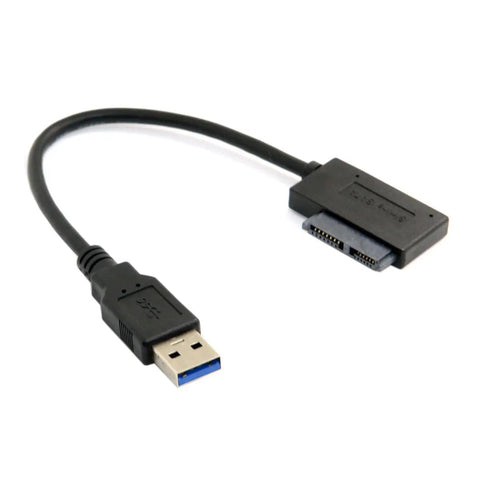 USB 3.0 To Slimline 13 Pin SATA Cable Adapter For Laptop CD DVD ROM External Drive No Power Required Plug And Play Boot From External Drive No Driver Needed On XP Windows 7 And Mac OS X, black cable with USB and slimline SATA ends