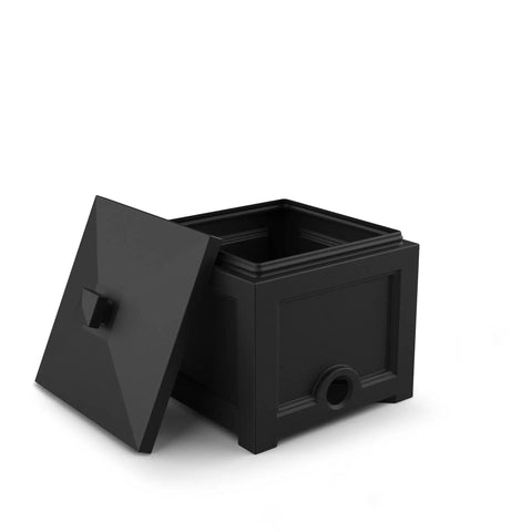 Built Tough Black Garden Hose Bin Storage Box That Holds Up To 100 Feet Of Standard Hose 17 By 17 By 18 Inches UV Fade Resistant Weatherproof Outdoor Organizer with open lid