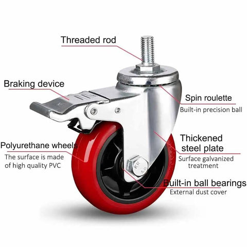 Heavy Duty Dual Locking Swivel Caster Wheels With M16 Threaded Stem Built Tough As Nails PU Wear Resistant Furniture Replacement Set Of 4 detail with braking device and polyurethane wheels.