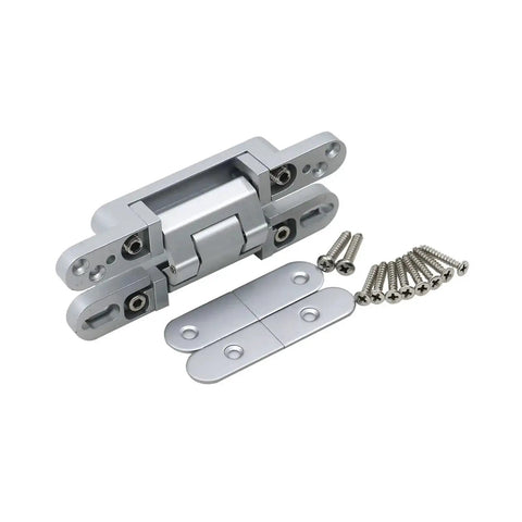 Zinc Alloy 180 Degree 3D Adjustable Concealed Door Hinge in silver with screws, ideal for hidden mounts and smooth swing doors.