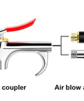 Diagram of 9 Piece 2 Way Air Nozzle Blow Gun Set With 1/4 Inch Quick Fitting And Four Nozzles, showing connection methods for air compressors.
