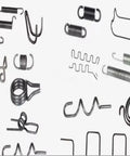 Various metal springs for use in automotive and mattress fabrication featuring torsion, compression, and extension designs.
