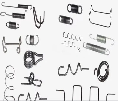 Various metal springs for use in automotive and mattress fabrication featuring torsion, compression, and extension designs.