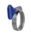 Butterfly Stainless Steel W2 Hose Clamp 3/4-1-1/4 inch range 9 mm bandwidth, blue grip, side view, adjustable for quick secure fixes.