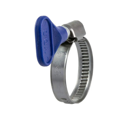 Butterfly Stainless Steel W2 Hose Clamp 3/4-1-1/4 inch range 9 mm bandwidth, blue grip, side view, adjustable for quick secure fixes.