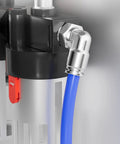 Heavy Duty 304 Stainless Steel 90 Degree Elbow Fittings, 1/4 Inch Tube OD to 1/2 Inch NPT Thread attached to blue tube