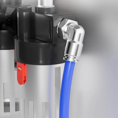 Heavy Duty 304 Stainless Steel 90 Degree Elbow Fittings, 1/4 Inch Tube OD to 1/2 Inch NPT Thread attached to blue tube
