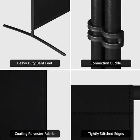 Detailed view of 4 Panel Room Divider Privacy Screen Folding 6Ft Tall Freestanding Portable Wall Divider For Room Separation Includes Cover Strips Black 136W X 71H Durable Finish with heavy duty feet, connection buckle, polyester fabric, and stitched edges.