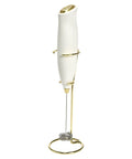 Electric Handheld Milk Frother with double coil whisk on gold stand, battery powered for barista worthy froth, 2 AA batteries not included
