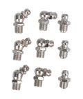 Assorted metal fittings from Pro Grade Grease Fittings Kit 45 Piece Assortment M8x1 Straight and 90 Degree Angled Zerk Fittings.