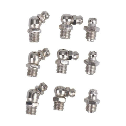 Assorted metal fittings from Pro Grade Grease Fittings Kit 45 Piece Assortment M8x1 Straight and 90 Degree Angled Zerk Fittings.