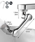 Close-up of 1080 Degree Rotating Faucet Aerator with Universal Splash Filter, attached to sink, showing measurements, swivel angles, components