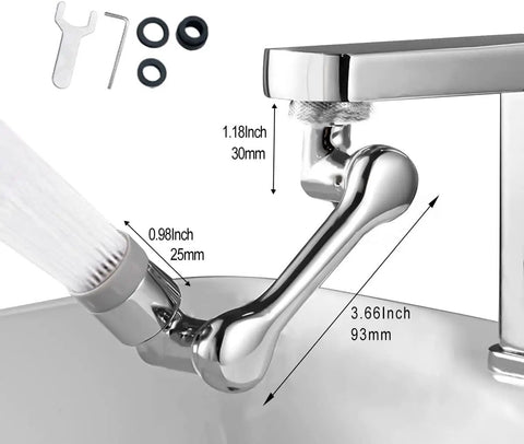 Close-up of 1080 Degree Rotating Faucet Aerator with Universal Splash Filter, attached to sink, showing measurements, swivel angles, components