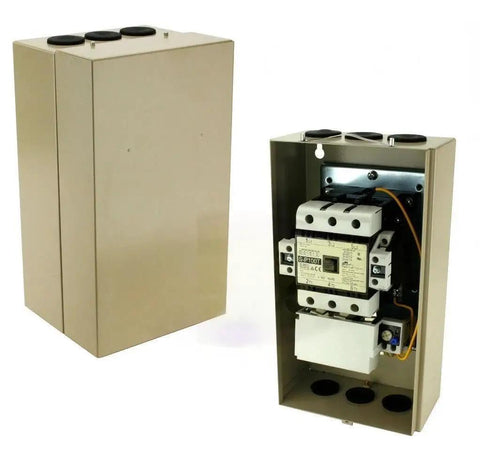 Built Tough Magnetic Starter For 30 HP Three Phase Motors 230 Volt With Adjustable Amperage 60 To 100 Amp Overload And Built In Protection For Industrial Motor Control, beige metal enclosure open