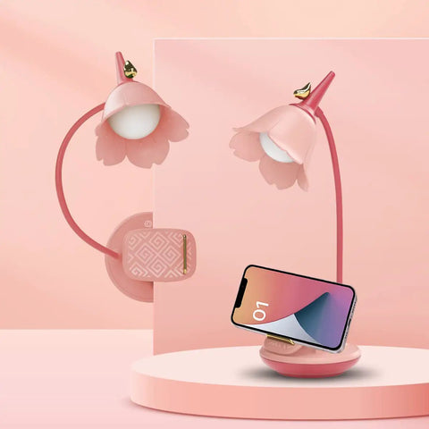 Pink Clip On Desk Lamp With Clamp, Rechargeable LED Light, Adjustable Gooseneck, Dimmable Stepless Dimmer, Cute Flower Design