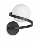 MAHGNTKCX Black Wall Sconce with Opal Glass Globe and Spiral Metal Frame, 7.1 in wide, 7.9 in high, sculptural design.