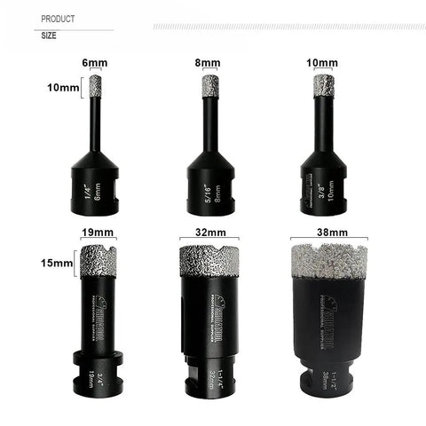 6-piece Diamond Core Drill Bit Set for Porcelain Tile Granite Marble and Stone Wet or Dry Drilling, sizes 6mm to 38mm