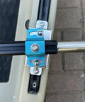 Close-up of Kayak Stabilizers Package mount with anodized aluminum cross bar and adjustable system for fishing kayaks.