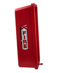 Tough As Nails Red Surface Mount Fire Extinguisher Cabinet 3 Pack Pull Panel Lock Box Weatherproof Outdoor Guard For Five Pound Units angled view showing red polymer design and label.