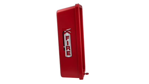 Tough As Nails Red Surface Mount Fire Extinguisher Cabinet 3 Pack Pull Panel Lock Box Weatherproof Outdoor Guard For Five Pound Units angled view showing red polymer design and label.