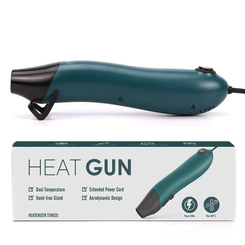 Compact Mini Hot Air Gun For DIY Pros Two Temperature Settings 662F High And 482F Low With Silicone Brush Kit, product and box.