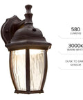 Outdoor Wall Light Sconce With Dusk To Dawn Sensor, 580 Lumens Warm 3000K Glow, Clear Water Glass, Aged Bronze Aluminum Base