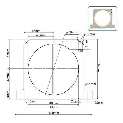 Technical drawing of Beefy Spindle Motor Clamping Bracket 65 to 80mm diameter, square mount cast aluminum fixture holder for milling machines.