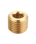 Close-up of a brass pipe fitting hex countersunk plug one quarter inch NPT male half inch outer diameter threads, showcasing hex drive
