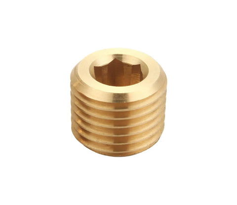 Close-up of a brass pipe fitting hex countersunk plug one quarter inch NPT male half inch outer diameter threads, showcasing hex drive