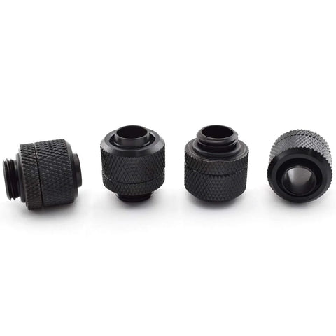 Four black G1/4 to 3/8 in ID 1/2 in OD compression fittings for soft PC tubing, quick-tighten, 4-pack