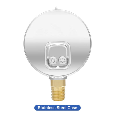 Round air pressure gauge with stainless steel case and brass threaded connector